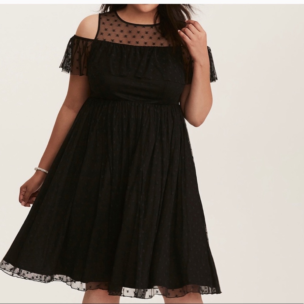 Plus Torrid Sheer Star Ruffled Cold Shoulder Dress
